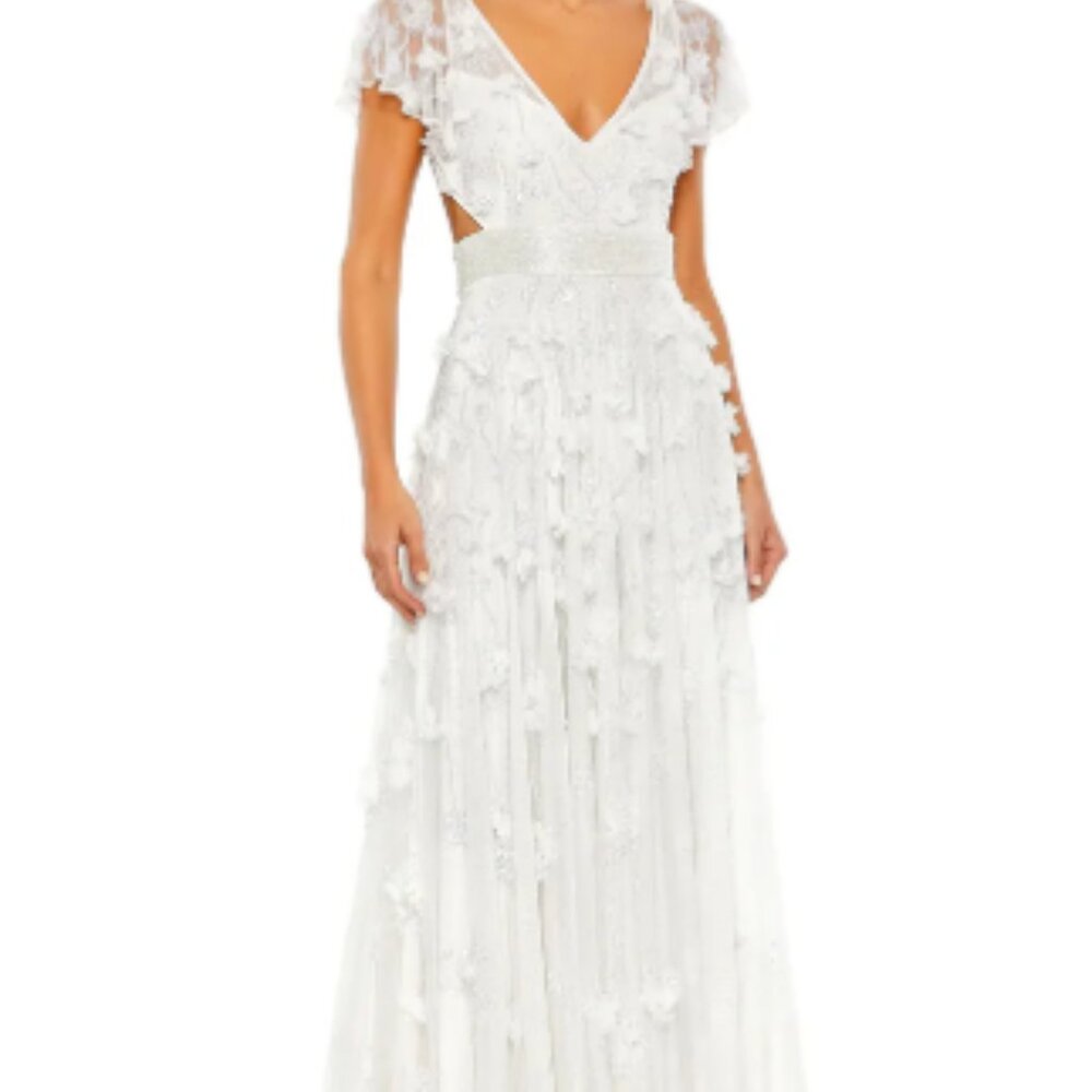 Mac Duggal White Embellished Lace Up Flowy Gown